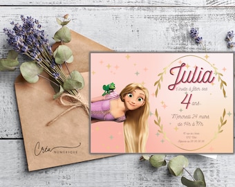 Carte invitation d'anniversaire personnalisée fille Raiponce à imprimer