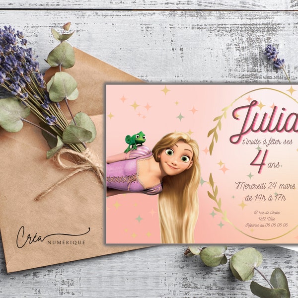 Carte invitation d'anniversaire personnalisée fille Raiponce à imprimer