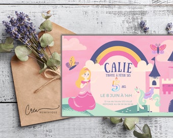 Carte invitation anniversaire personnalisée Princesse et licorne