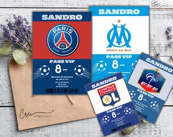 Carte invitation anniversaire équipe de foot - OM - PSG - OL - France