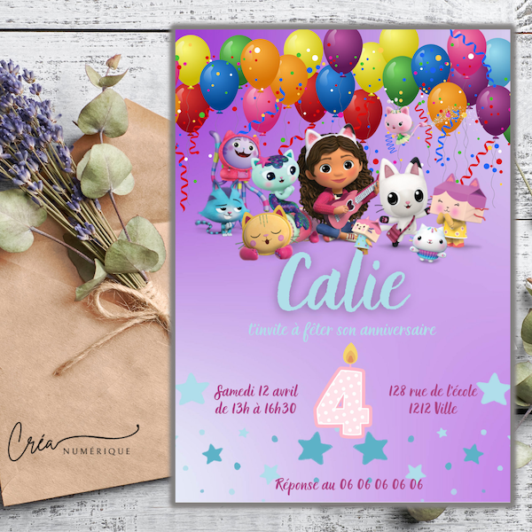 Personalized Gabby Cat birthday invitation card