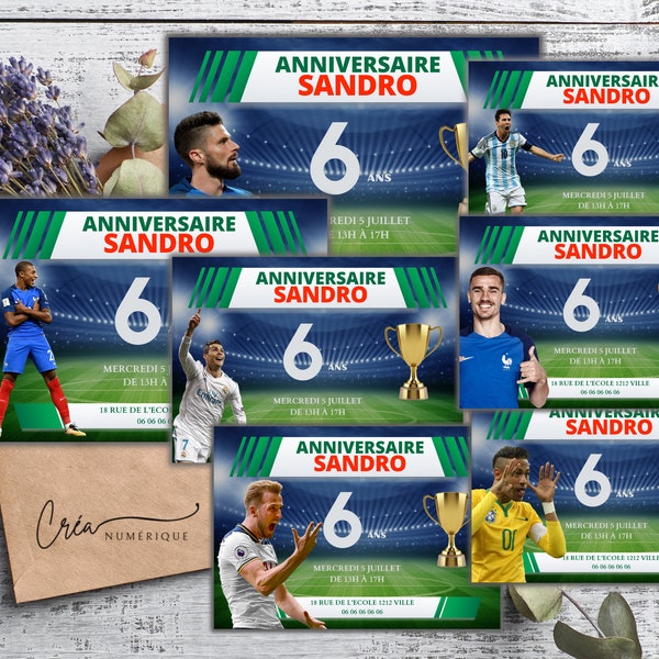 Carte invitation - faire part - anniversaire thème football -  joueurs de foot kylian Mbappé - Griezmann - Ronaldo - Neymar - Messi - Giroud