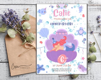 Carte invitation anniversaire personnalisée fille Sirène à imprimer