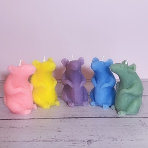 Puede incluir: Cinco velas con forma de rata en rosa, amarillo, morado, azul y verde. Cada vela tiene una mecha blanca y se alza sobre una superficie de madera clara. El fondo es de color rosa liso.