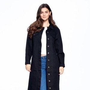 Long Denim Jacket, Trench Coat Style Denim Jacket, Retro Outerwear with Modern Stylings, Calf Length Perfect for Layering,