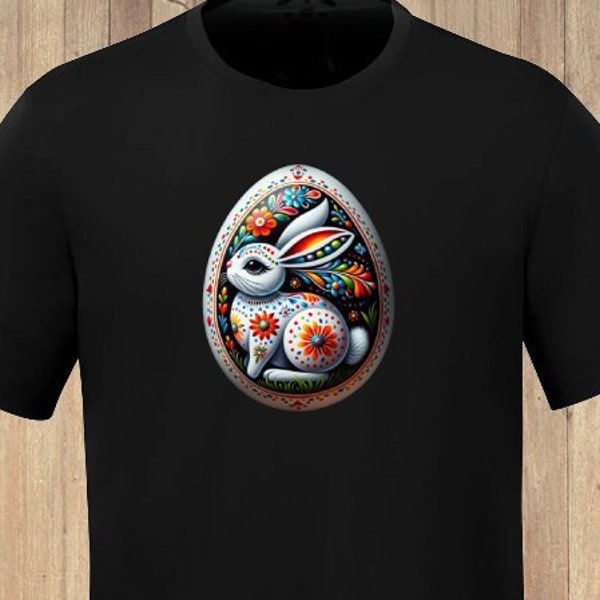 Folk Art Style Osterei T-Shirt, süßes buntes Häschen im Osterei-T-Shirt gemalt
