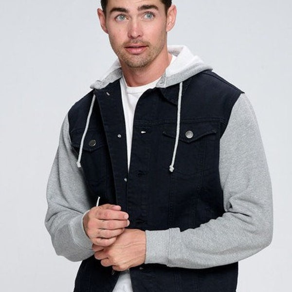 Men's Hoodie Denim Jacket in Black, Light, and Medium Blue Colors, Fleece Sleeves, Drawstring Hood, Buttons, and Pockets