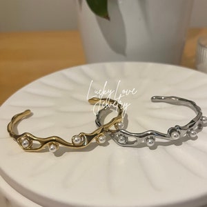 Pearl Cuff Bracelet, Wavy Bangle,Gold Cuff,Thin BanglePearl Bracelet, Elegant Design Pearl Bracelet, Handmade Design Gold Bracelet