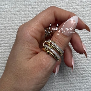 Silver Multi Link Connected Ring,Chunky Gold Plated Interlocking Zircon ,Eternity Statement Stacking,Interlocking Zircon Ring,Standart Size