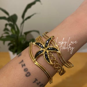 Statement Gold Cuff Bracelet, Big Gold Cuff, Gold Bangle Cuff, Flower Detailed Design Cuff Bracelet, Mother of Pearl Embroidered Bracelet