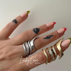4 Piece Matching Combination Adjustable Ring,Multi Link Ring,Chunky Gold Plated Interlocking Zircon Ring,Silver Eternity Statement Stacking