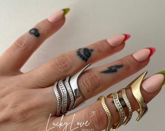 4 Piece Matching Combination Adjustable Ring,Multi Link Ring,Chunky Gold Plated Interlocking Zircon Ring,Silver Eternity Statement Stacking