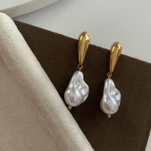 Baroque Pearl Dangle Earrings: Stainless Steel, Modern Statement