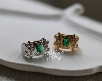 Gold & Silver Plated Zircon Stone Adjustable Ring, Dainty Signet Ring, Emerald Stone Ring, Everyday Sizable Ring, Gift For Her