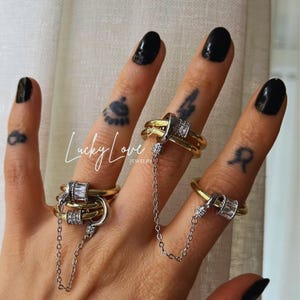 Triple Ring With Chain,Multi Link Connected Ring,Chunky Gold Plated Interlocking Zircon Ring,Eternity Statement Stacking Ring(Standart Size)