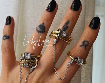 Triple Ring With Chain,Multi Link Connected Ring,Chunky Gold Plated Interlocking Zircon Ring,Eternity Statement Stacking Ring(Standart Size)