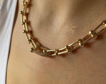 Grosse chaîne en forme de U en or 18 carats, collier avec breloques en laiton, acier inoxydable, collier avec chaîne à maillons en U, collier en or avec pendentif en pierre de zircon