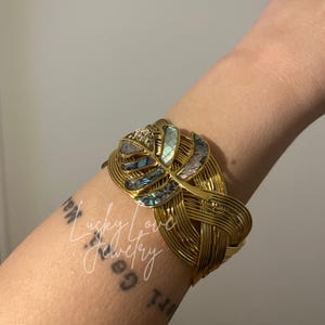 Statement Gold Cuff Bracelet, Big Gold Cuff,Gold Bangle Cuff, Palm Leaf Detailed Design Cuff Bracelet,Pearl Floral Bracelet, Boho Style Cuff