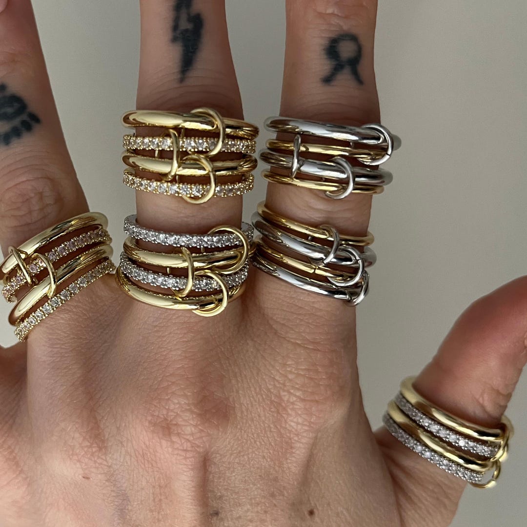 Multi Link Connected Ring, Chunky Gold Plated Interlocking Zircon Ring ...