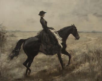 Victorian Woman Riding a Black Horse Moody Vintage Painting Digital Art prints