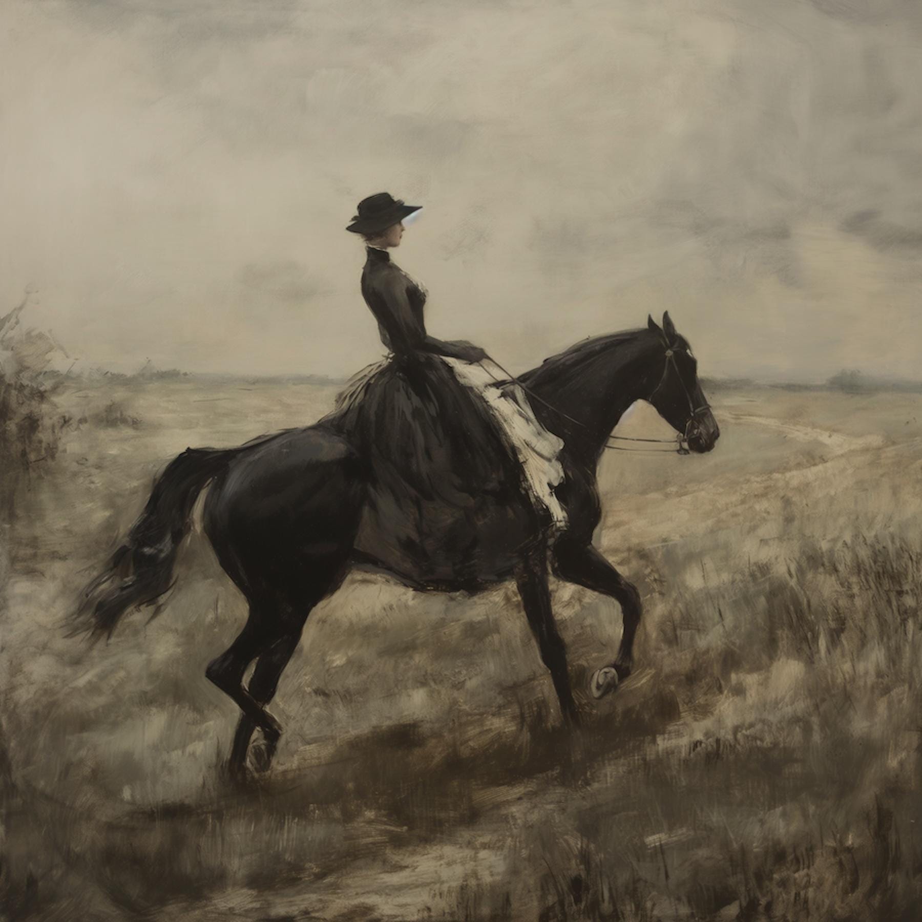 Victorian Woman Riding a Black Horse Moody Vintage Painting Digital Art ...