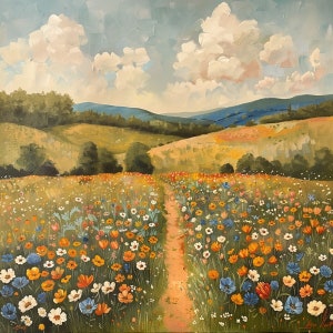 May include: A painting of a field of wildflowers with a dirt path leading through the center. The field is surrounded by rolling hills and a blue sky with white clouds.