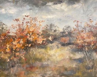 May include: A painting depicting a landscape with trees in the foreground and a cloudy sky in the background. The trees have orange and brown leaves and are set against a muted grey and blue background.