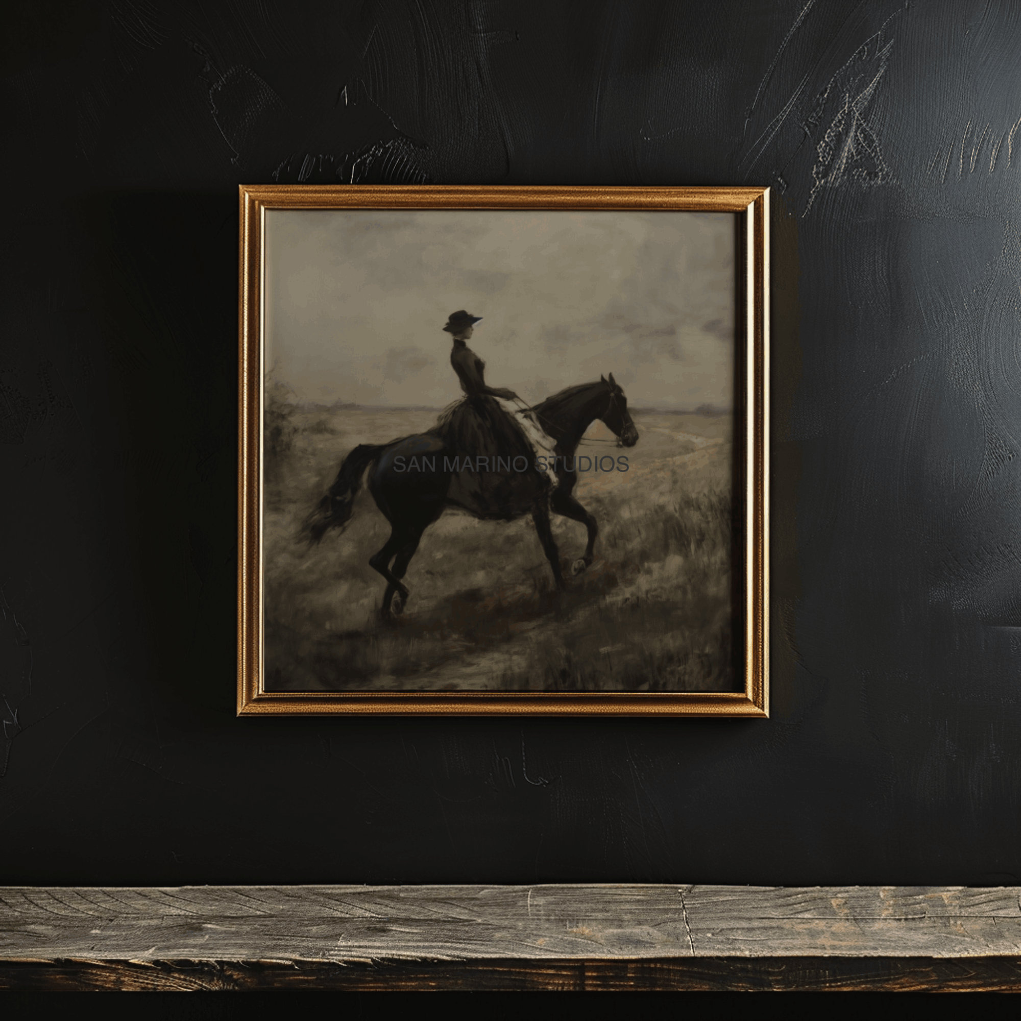 Victorian Woman Riding a Black Horse Moody Vintage Painting Digital Art ...