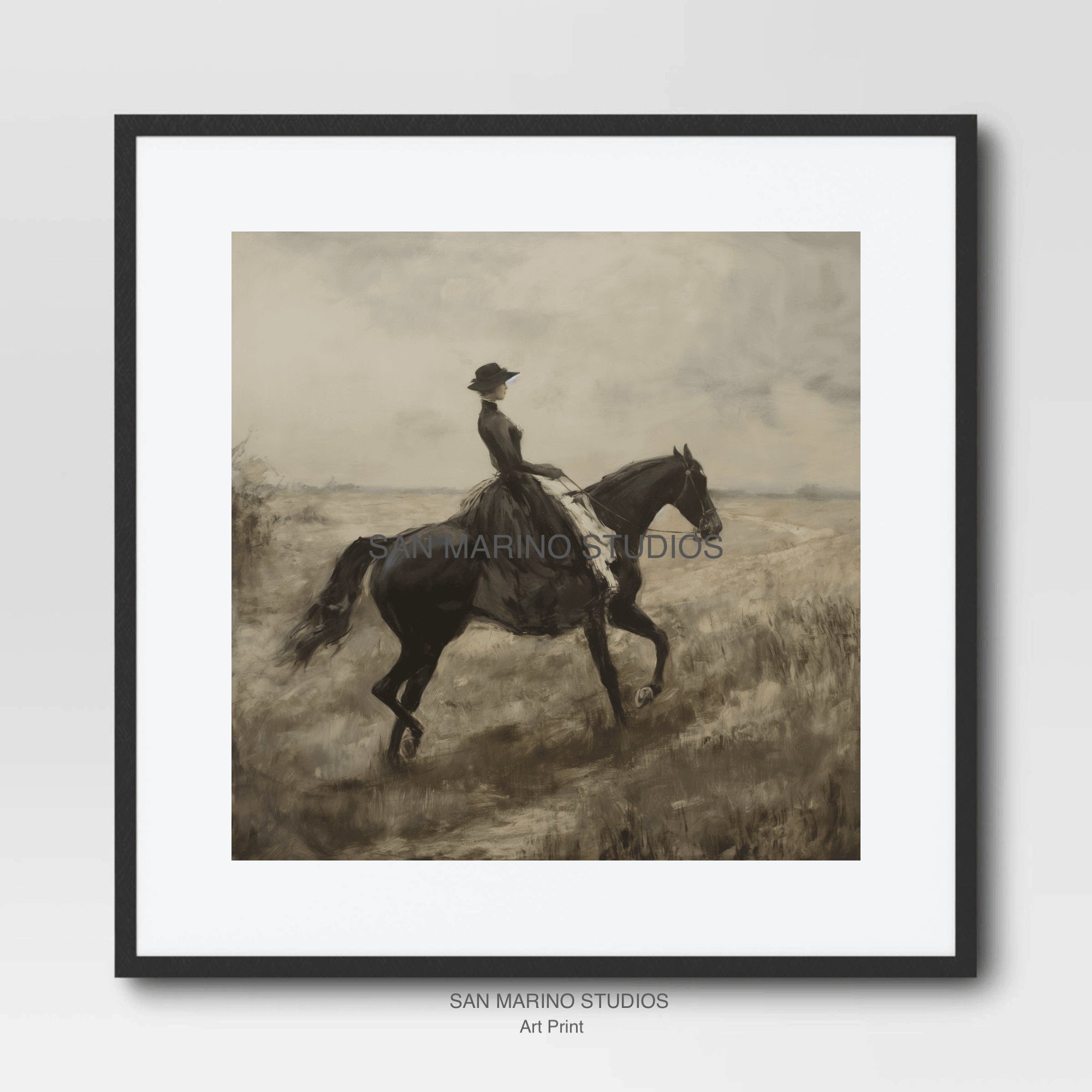 Victorian Woman Riding a Black Horse Moody Vintage Painting Digital Art ...
