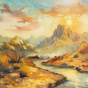 May include: A painting of a desert landscape with a river winding through it. The sun is setting in the background, casting a warm glow over the scene. There are mountains in the distance and a few trees and bushes in the foreground.