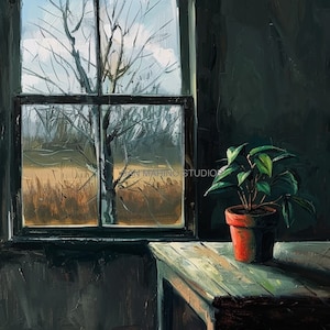 Op de afbeelding: Een schilderij van een kamer met een raam dat uitkijkt op een veld met kale bomen. Op de voorgrond staat een plant in een pot op een houten tafel.