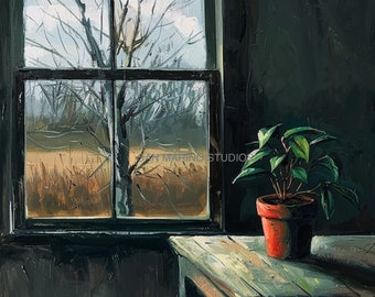 Dark Red Pot Green Plant Window View of a Tree Painting Digital Art Print