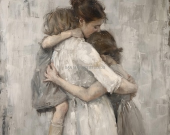 May include: A painting of three people hugging. The woman in the center is wearing a white dress and has her arms around the two other people. The person on the left is wearing a gray dress and the person on the right is wearing a white dress. The painting is done in a soft, muted palette.