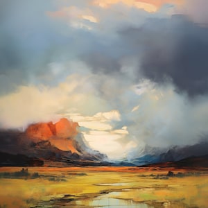 Puede incluir: Una pintura de un paisaje con una gran masa de agua en primer plano, rodeada de un campo de hierba amarilla. En el fondo, hay montañas y un cielo nublado con un toque de naranja.