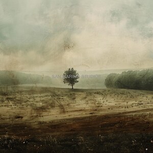 May include: A single tree stands alone in a field, with a misty background and a faded, vintage aesthetic. The sky is a soft, muted blue, and the field is a mix of brown and green.