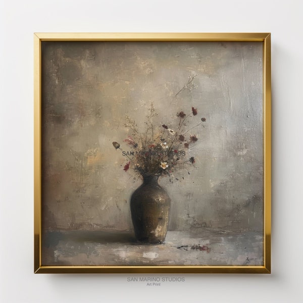 Stone Vase Dry Flowers Oil Portrait Still Life Painting Digital Art Print