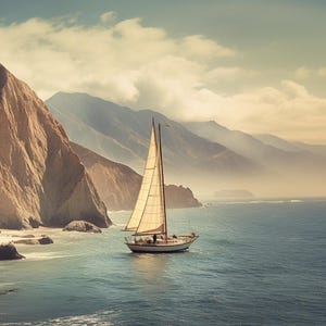 Vintage | Sailboat | California Coast | Ocean | Sea | Landscape | Painting | Digital | Printable | Art Print |