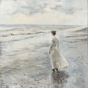May include: A woman in a white dress walks along a sandy beach, looking out at the ocean. The sky is a pale blue with wispy clouds.