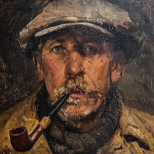 painting of man smoking cigarette File:Kukn Portrait a a Cigar.jpg contrasted with the orange and yellow illumination on his face Folk Art Portrait of a