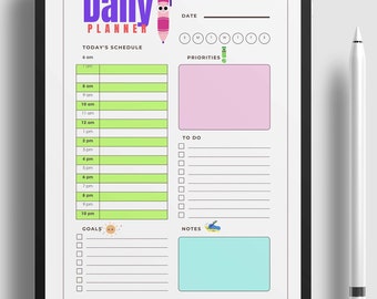 Daily Planner Printable PDF (Color), Hourly Schedule, Daily Organizer, Undated, Work Planner |A4 A5 Letter Half Letter