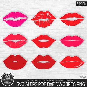 9 RODE LIPPEN SVG bundel lippenstift SVG KISS SVG Valentijnsdag SVG lippen SVG Kiss PNG clipart DXF PNG digitale vector gesneden bestand commercieel gebruik 002