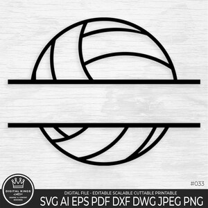 Peut inclure: Un graphisme noir de ballon de volley-ball divisé avec un espace horizontal vide au centre pour la personnalisation. Le design inclut le texte Digital Kings, une icône de couronne, le numéro 033 et les formats de fichiers en bas.