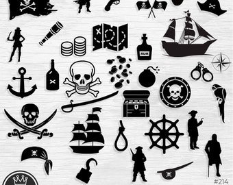 Pirate SVG, lot de pirates SVG, fichiers coupés pirate, Silhouette de pirate, Svg de carte de pirate, Svg de tête de mort, Svg d'os croisés, Clipart pirate, bateau Dxf Svg