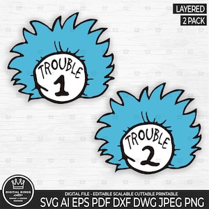 TROUBLE 1 TROUBLE 2 faccia svg Pacchetto a strati Thing 1 Thing 2 Png Thing Boy Trouble Boy 2 File digitale Thing Boy TSHIRT Gatto con il cappello Dr Seuss