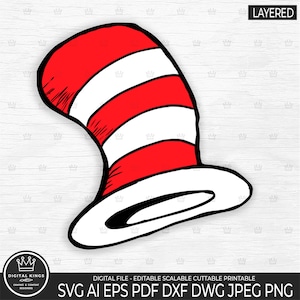 Chapeau de chat en couches Svg chapeau de chat Png chapeau de chat numérique vecteur chapeau rayure svg chapeau rayure Png chat dans le chapeau dxf Dr Seuss Day Read Across America
