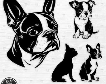 Boston Terrier Bundle Svg Silhouette, Bostons Clipart, Boston Bull Boxwood Laser Cut File American Gentleman Vector Clipart Digital Download