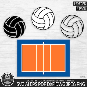 Könnte beinhalten: Eine mehrschichtige digitale Schnittdatei für einen Volleyballplatz und vier Volleybälle. Der Platz ist orange mit weißen Linien und einem blauen Rand. Die Volleybälle sind schwarz und weiß.