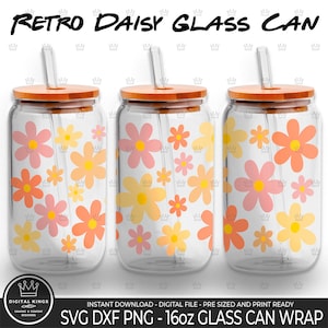 May include: Three 16oz glass can wraps with a retro daisy design. The wraps feature a pattern of pink, orange, and yellow daisies on a clear background. The wraps are pre-sized and print-ready.