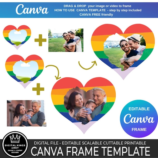 RAINBOW Heart lgbt Canva Frame Drag and Drop Love Portrait CANVA Frame Template Wedding Photo Canva Free friendly Family BFF Commercial Use