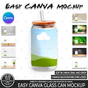 Puede incluir: Una maqueta de una lata de vidrio transparente con una tapa marrón y una pajita. La lata está sobre un fondo blanco con un cielo azul y un diseño de hierba verde. El texto "EASY CANVA GLASS CAN MOCKUP" está en la parte inferior de la imagen.